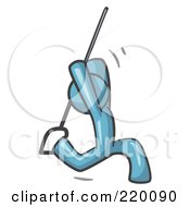 Royalty Free RF Clipart Illustration Of A Denim Blue Man Design Mascot Swinging On A Rope