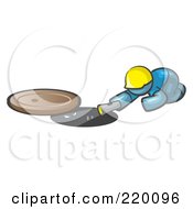 Denim Blue Man Design Mascot Sewer Worker Shining A Flashlight Down A Man Hole