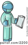 Royalty Free RF Clipart Illustration Of A Denim Blue Surgeon Man In Green Scrubs Holding A Pen And Clipboard