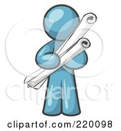 Royalty Free RF Clipart Illustration Of A Denim Blue Man Architect Carrying Rolled Blue Prints And Plans