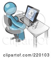 Poster, Art Print Of Denim Blue Doctor Man Sitting At A Computer And Viewing An Xray Of A Head