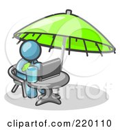 Poster, Art Print Of Traveling Denim Blue Business Man Sitting Under An Umbrella At A Table Using A Laptop Computer