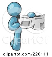 Royalty Free RF Clipart Illustration Of A Denim Blue Man Holding Up A Newspaper And Pointing To An Article