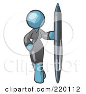 Poster, Art Print Of Denim Blue Woman In A Gray Dress Standing With One Hand On Her Hip Holding A Huge Pen