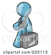 Poster, Art Print Of Denim Blue Male Tourist Carrying His Suitcase And Walking With A Camera Around His Neck