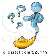 Poster, Art Print Of Denim Blue Genie Man Emerging From A Golden Lamp With Question Marks