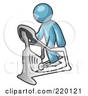 Poster, Art Print Of Denim Blue Man Exercising On A Stair Climber During A Cardio Workout In A Fitness Gym