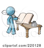 Poster, Art Print Of Denim Blue Man Author Writing History On Blank Pages Of A Book