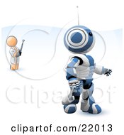 Poster, Art Print Of Blue And White Ao-Maru Robot Being Controlled By An Inventor With A Remote Control
