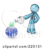 Poster, Art Print Of Denim Blue Man Using A Watering Can To Water New Grass Growing On Planet Earth Symbolizing Someone Caring For The Environment