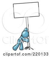 Poster, Art Print Of Strong Denim Blue Man Pushing A Blank Sign Upright