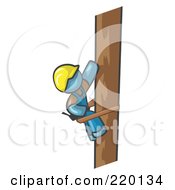 Denim Blue Man Design Masccot Worker Climbing A Phone Pole