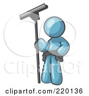 Denim Blue Man Window Cleaner Standing With A Squeegee