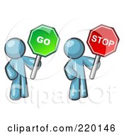 Poster, Art Print Of Denim Blue Men Holding Red And Green Stop And Go Signs