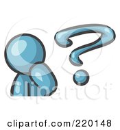 Royalty Free RF Clipart Illustration Of A Denim Blue Man Rubbing His Chin And Posed By A Question Mark Symbolizing Curiosity Confusion And Uncertainty