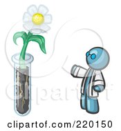 Poster, Art Print Of Denim Blue Man Scientist By A Giant White Daisy Flower In A Test Tube