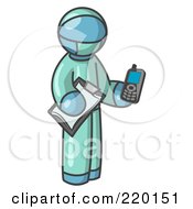 Poster, Art Print Of Denim Blue Surgeon Man Holding A Clipboard And Cellular Telephone