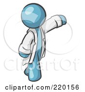Denim Blue Scientist Veterinarian Or Doctor Man Waving And Wearing A White Lab Coat by Leo Blanchette