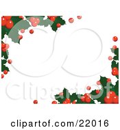 Poster, Art Print Of Horizontal White Background Of Christmas Holly Leaves And Berries Over White