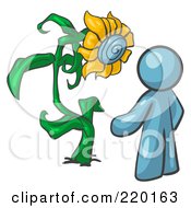 Poster, Art Print Of Denim Blue Man Proudly Standing In Front Of His Giant Sunflower In His Garden