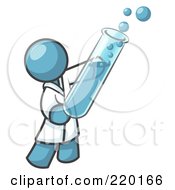 Poster, Art Print Of Denim Blue Man Scientist Holding A Test Tube Full Of Bubbly Liquid In A Laboratory