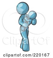 Royalty Free RF Clipart Illustration Of A Denim Blue Woman Carrying Her Child In Her Arms Symbolizing Motherhood And Parenting by Leo Blanchette