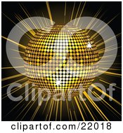 Clipart Picture Of A Golden Shiny Disco Ball Spinning Over A Bursting Black And Yellow Background
