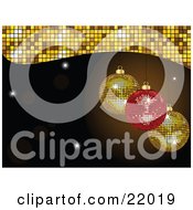Clipart Picture Of A Sparkling Red And Two Yellow Mirror Disco Ball Christmas Ornaments Suspended Over A Black Background With Flares And Bursts by elaineitalia