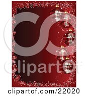 5 Sparkling Red Christmas Disco Ball Ornaments Suspended Over A Gradient Red Background