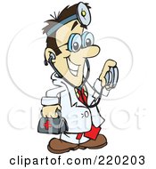 Poster, Art Print Of Male Asian Doctor Carrying A First Aid Kit Wearing A Headlamp And Holding A Stethoscope