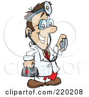 Male Caucasian Doctor Carrying A First Aid Kit Wearing A Headlamp And Holding A Stethoscope