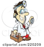Poster, Art Print Of Male Asian Doctor Carrying A Tool Box Wearing A Headlamp And Holding A Stethoscope