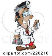 Poster, Art Print Of Male Indian Hispanic Or Black Doctor Carrying A First Aid Kit Wearing A Headlamp And Holding A Stethoscope