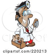 Royalty Free RF Clipart Illustration Of A Male Indian Hispanic Or Black Doctor Carrying A Tool Box Wearing A Headlamp And Holding A Stethoscope by Dennis Holmes Designs