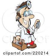 Poster, Art Print Of Male Caucasian Doctor Carrying A Tool Box Wearing A Headlamp And Holding A Stethoscope