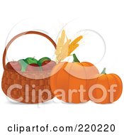 Royalty Free RF Clipart Illustration Of Pumpkins By A Basket Of Wheat And Apples