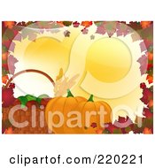 Poster, Art Print Of Border Of Autumn Leaves With A Basket Of Apples And Leaves With Pumpkins On Yellow