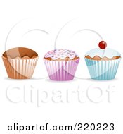Poster, Art Print Of Digital Colalge Of Three Cupcakes Chocolate Sprinkled And Cherry Topped