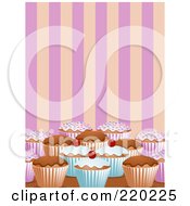 Poster, Art Print Of Decorated Cupcakes On A Counter Top Over Pink And Orange Stripes