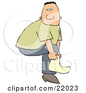 Poster, Art Print Of White Man Slipping A Cover Over His Boot Or A Sock On His Foot