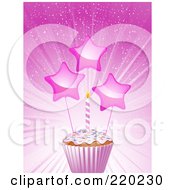 Royalty Free RF Clipart Illustration Of Shiny Stars And A Birthday Candle On A Cupcake In A Pink Wrapper