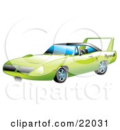 Green 1970 Plymouth Road Runner Superbird Racing Car With A Large Spoiler In The Back