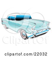 Blue 1957 Chevy Bel Air Car With A White Roof And Chrome Detailing