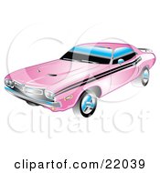 1971 Dodge Challenger Muscle Car In Pink With Black Racing Stripes On The Sides