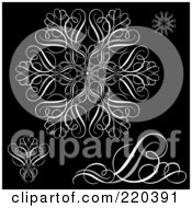 Royalty Free RF Clipart Illustration Of A Digital Collage Of White Swirls And Snowflakes On Black by BestVector