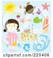 Royalty Free RF Clipart Illustration Of A Digital Collage Of A Summer Girl With A Sand Castle And Beach Items