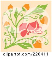 Poster, Art Print Of Abstract Pink Butterfly With Orange Flowers On Pastel Orange