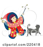 Poster, Art Print Of Little Wizard Girl Holding Up Her Magic Wand Over Her Gray Cat