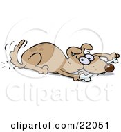 Clipart Illustration Of A Playful Brown Dog Wagging His Tail And Chewing On A Bone While Laying Down by gnurf #COLLC22051-0050