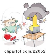 Clipart Illustration Of A Surprised Man Leaping Back From His Exploding And Smoking Laptop Computer